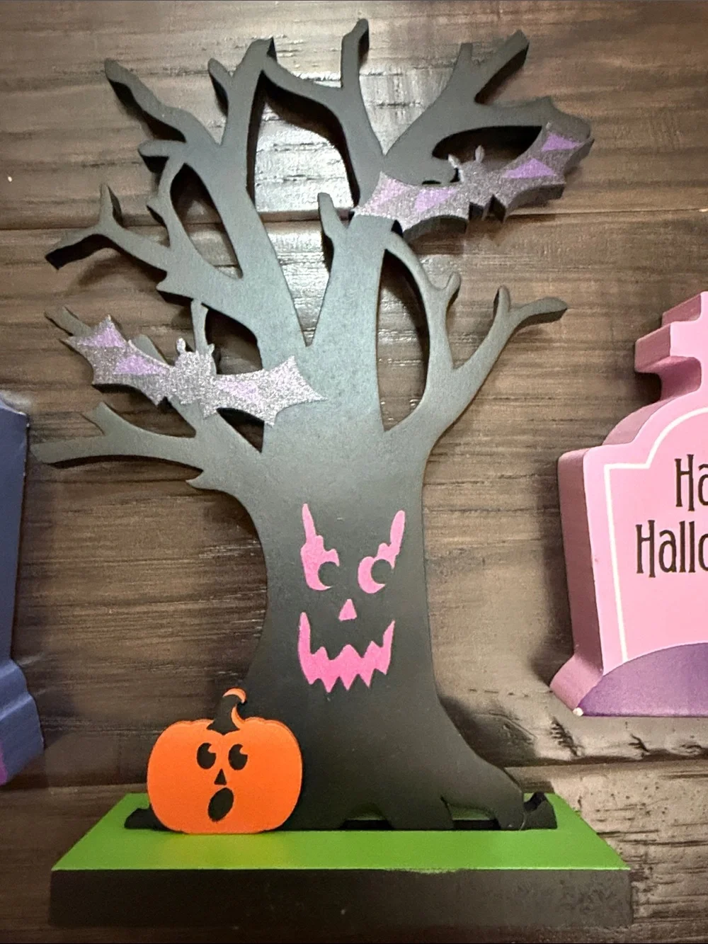 Halloween Décor Set - Black Tree with Purple and Pink Tombstones